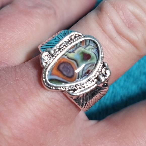 Silvertone Multicolor Colorful Ring Intricate Design - Picture 1 of 5